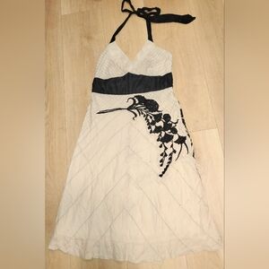 Anthro Floreat Grey/Black Haltertop Sundress Floral Applique/Chevron Design 0